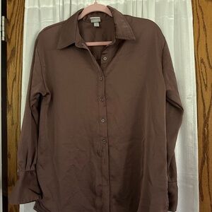 women’s brown button down shirt
